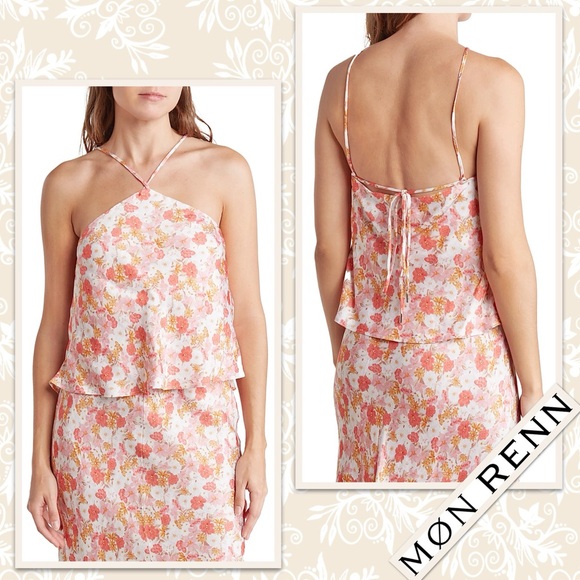 Mon Renn Hillside Floral Halter Top in Hillside Floral (White, Pink, Orange) - Picture 1 of 4